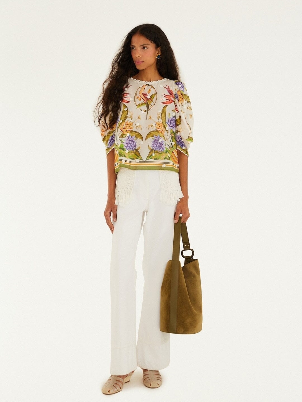 Farm Rio Floral Embroidered Ivory Puff-Sleeve Top - Picture 4 of 5